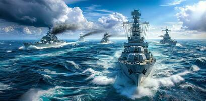 ai gegenereerd marine- slagschepen het zeilen langs de oceaan foto