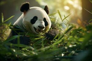 ai gegenereerd een panda beer is aan het eten bamboe bladeren foto