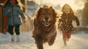 ai gegenereerd een familie loopt door sneeuw met een hond foto