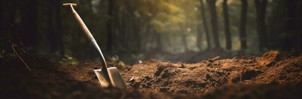 ai gegenereerd een Schep graven de grond in bossen concept van natuur Aan de grond foto