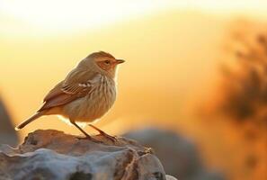 ai gegenereerd een klein vogel staat Aan een rots Bij zonsondergang foto