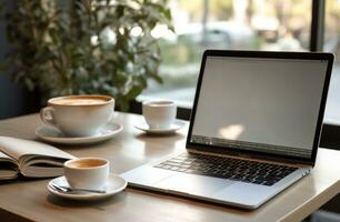 ai gegenereerd een laptop is reeks Aan een tafel De volgende naar koffie en andere essentieel items foto