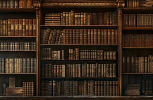 ai gegenereerd een voorbeeld van de plank bovenstaand en hieronder boekenkasten in een oud bibliotheek foto