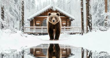ai gegenereerd een beeld van een beer wandelen De volgende naar een log cabine foto