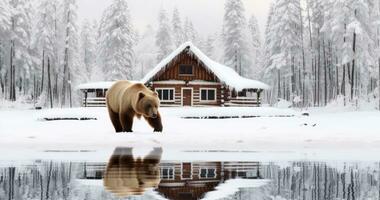ai gegenereerd een beeld van een beer wandelen De volgende naar een log cabine foto