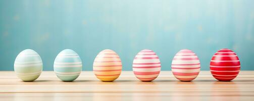 ai gegenereerd kleurrijk Pasen eieren bekleed omhoog Aan een houten tafel foto