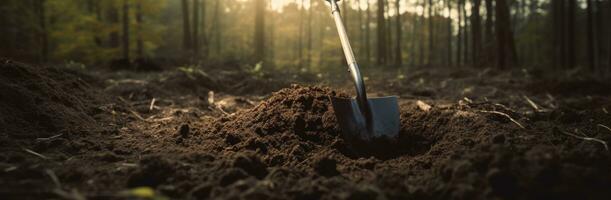 ai gegenereerd een Schep graven de grond in bossen concept van natuur Aan de grond foto