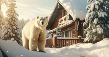 ai gegenereerd groot bruin beer staand buiten een cabine in sneeuw foto