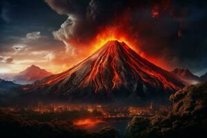 ai gegenereerd de vulkaan is regenen lava uit van de berg foto