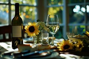 ai gegenereerd een fles van wit wijn, kaas borden en bloemen Aan de tafel foto