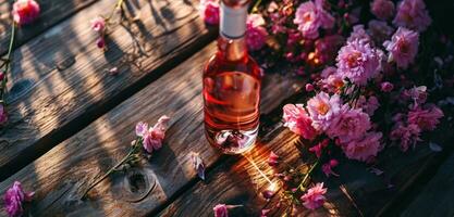 ai gegenereerd een fles van roze wijn en sommige roze bloemen Aan een houten tafel foto