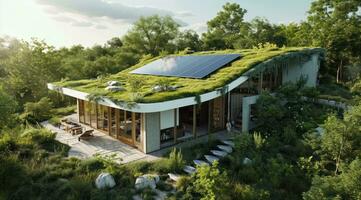 ai gegenereerd een huis met groen daken en zonne- panelen is getoond foto