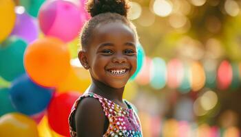 ai gegenereerd een weinig meisje tonen uit haar kleuren terwijl glimlachen met ballonnen achter haar foto