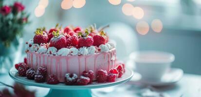 ai gegenereerd een roze taart met klein aardbeien zittend Aan een wit tafel foto