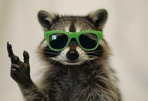 ai gegenereerd een wasbeer vervelend groen zonnebril maken een hand- gebaar foto