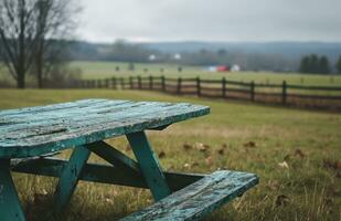 ai gegenereerd een picknick tafel zittend buiten met uitzicht een bouwland foto