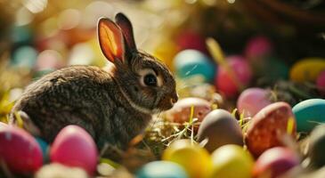 ai gegenereerd een klein konijn omringd door kleurrijk eieren foto