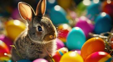 ai gegenereerd een klein konijn omringd door kleurrijk eieren foto
