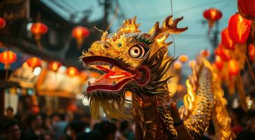 ai gegenereerd een Mens is Holding een reusachtig draak Bij de festival foto