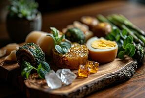 ai gegenereerd een houten bord met een ei en asperges broodjes in het foto