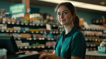 ai gegenereerd een vrouw in een polo overhemd staand Bij een registreren in een op te slaan foto