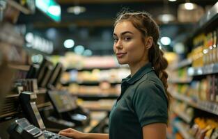 ai gegenereerd een vrouw in een polo overhemd staand Bij een registreren in een op te slaan foto