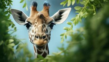 ai gegenereerd giraffe in de wild, op zoek schattig, omringd door groen gras gegenereerd door ai foto