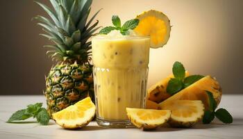 ai gegenereerd vers ananas cocktail met munt blad en citrus fruit plak gegenereerd door ai foto