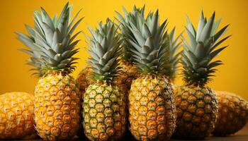 ai gegenereerd vers, sappig ananas plakjes geregeld in een levendig, tropisch stack gegenereerd door ai foto