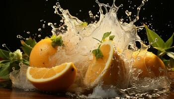 ai gegenereerd vers citrus fruit spatten in water, verfrissend en gezond gegenereerd door ai foto