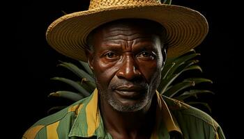 ai gegenereerd een zelfverzekerd Afrikaanse Mens in traditioneel kleding glimlacht buitenshuis gegenereerd door ai foto