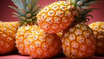 ai gegenereerd vers, sappig ananas plak Aan houten tafel, levendig tropisch genot gegenereerd door ai foto