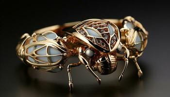 ai gegenereerd glimmend goud insect broche, een klein kostbaar edelsteen van elegantie gegenereerd door ai foto