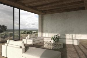 modern interieur open ruimte woonkamer. grote ramen en uitzicht op de natuur. huis buitenterras 3d render illustratie.