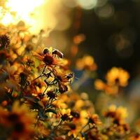 ai gegenereerd bijen bijeenkomst bloemen in de zonneschijn foto