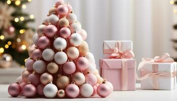 ai gegenereerd blij geschenk decoreren een levendig Kerstmis boom met glimmend ornamenten gegenereerd door ai foto