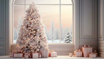 ai gegenereerd winter viering binnenshuis Kerstmis boom, sneeuw, decoratie, geschenk, venster gegenereerd door ai foto