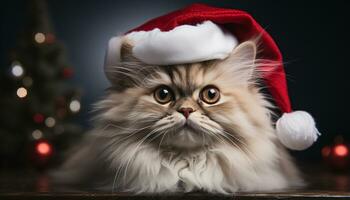 ai gegenereerd schattig katje op zoek Bij camera, vervelend de kerstman hoed binnenshuis gegenereerd door ai foto