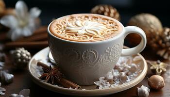 ai gegenereerd heet koffie Aan houten tafel, schuimig melk en chocola decoratie gegenereerd door ai foto