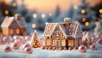 ai gegenereerd peperkoek huis versierd met glazuur, sneeuwvlokken, en Kerstmis lichten gegenereerd door ai foto