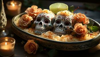 ai gegenereerd dag van de dood viering spookachtig decoratie, kaars, Mexicaans cultuur gegenereerd door ai foto