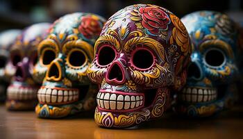 ai gegenereerd dag van de dood viering kleurrijk schedels, spookachtig decoraties gegenereerd door ai foto