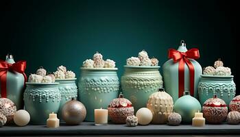ai gegenereerd Kerstmis decoratie geschenk doos, sneeuwvlok, ornament, hout, glimmend gebied gegenereerd door ai foto