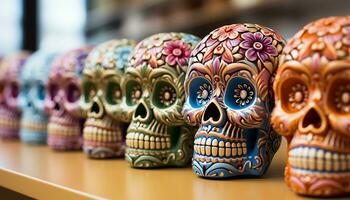 ai gegenereerd een rij van kleurrijk schedels, een viering van Mexicaans cultuur gegenereerd door ai foto