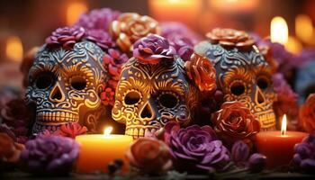 ai gegenereerd dag van de dood viering kaarslicht, spookachtige, kleurrijk decoraties, menselijk schedels gegenereerd door ai foto