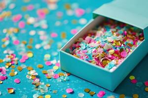 ai gegenereerd verjaardag confetti in een doos met een doos Aan een blauw tafel foto