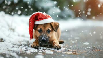 ai gegenereerd charmant puppy in een Kerstmis hoed, Ondiep diepte van veld- foto