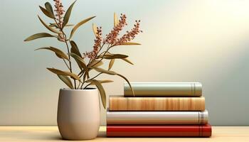 ai gegenereerd boekenplank met vaas van bloemen voegt toe natuur naar bibliotheek decor gegenereerd door ai foto