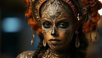ai gegenereerd een mooi vrouw in een traditioneel masker straalt uit elegantie gegenereerd door ai foto