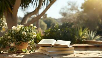 ai gegenereerd lezing buitenshuis in natuur, een boek brengt onderwijs en ontspanning gegenereerd door ai foto